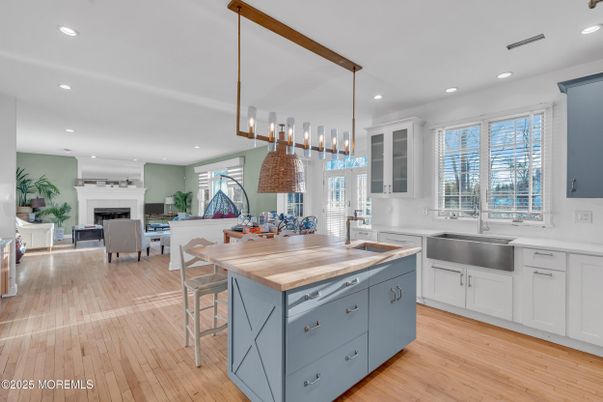 Fireplace, Interior, Kitchen, Living room, Pendant Lights, Recessed Lighting, Wood Texture Flooring