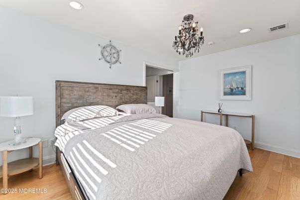 Bedroom, Chandelier, Interior, Recessed Lighting, Wood Texture Flooring