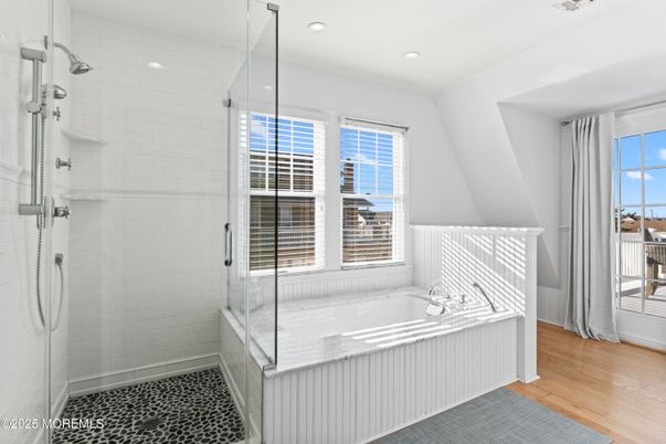 Bathroom, Glass Shower, Interior, Recessed Lighting, Wood Texture Flooring