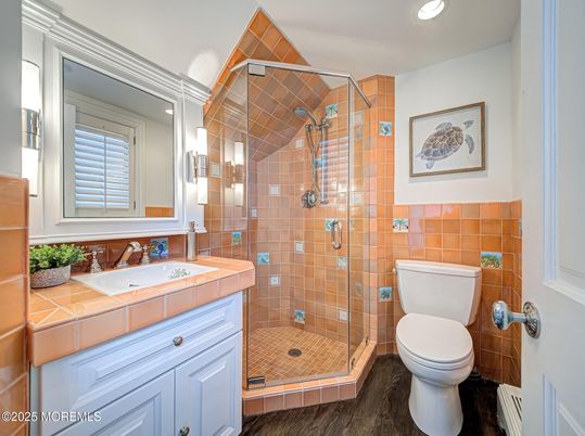 Bathroom, Glass Shower, Interior, Recessed Lighting, Tile Countertops