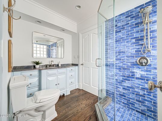 Bathroom, Glass Shower, Interior, Recessed Lighting, Wood Texture Flooring