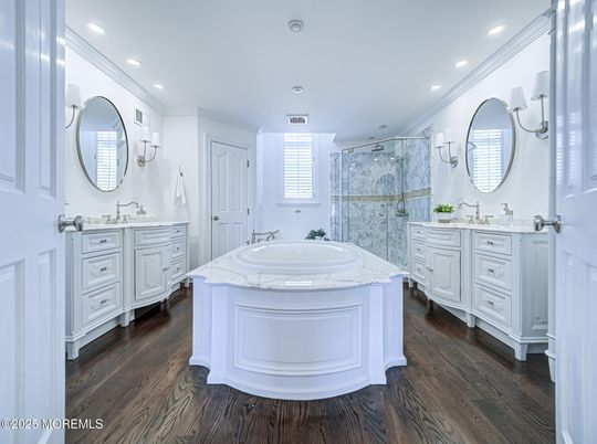 Bathroom, Dual Sink Vanities, Glass Shower, Interior, Recessed Lighting, Wood Texture Flooring