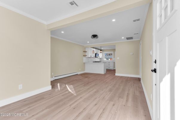 Empty room, Interior, Kitchen, Pendant Lights, Recessed Lighting, Wood Texture Flooring