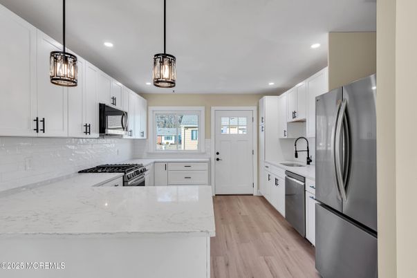 Interior, Kitchen, Pendant Lights, Recessed Lighting, Stainless Steel Appliances, Wood Texture Flooring