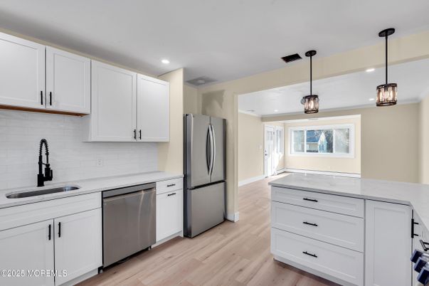 Interior, Kitchen, Pendant Lights, Recessed Lighting, Stainless Steel Appliances, Wood Texture Flooring