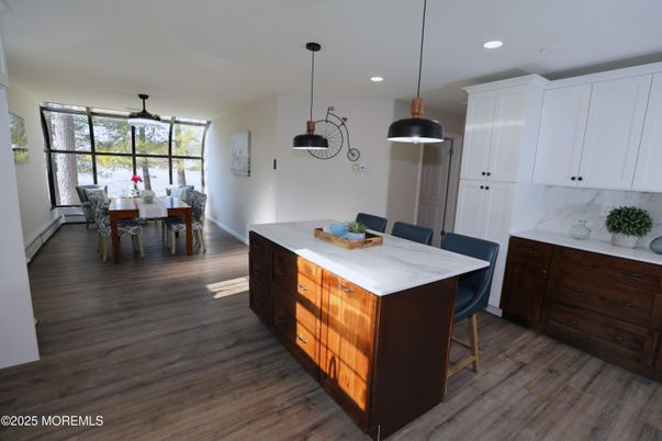 Dining room, Interior, Kitchen, Pendant Lights, Recessed Lighting, Wood Texture Flooring