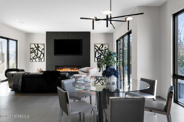 Dining room, Fireplace, Interior, Living room, Pendant Lights, Recessed Lighting