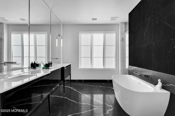 Bathroom, Dual Sink Vanities, Free Standing Baths, Interior, Pendant Lights, Recessed Lighting
