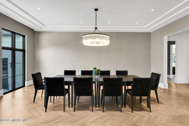 Dining room, Interior, Pendant Lights, Recessed Lighting, Wood Texture Flooring