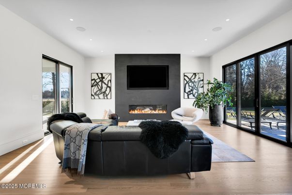 Fireplace, Interior, Living room, Recessed Lighting, Wood Texture Flooring