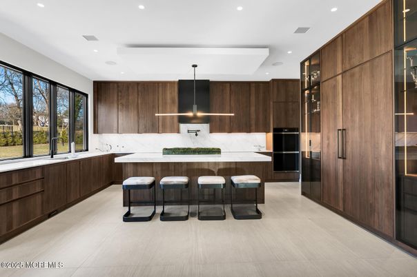 Interior, Kitchen, Marble Walls, Pendant Lights, Recessed Lighting