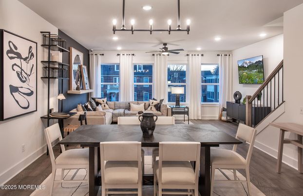 Dining room, Interior, Living room, Pendant Lights, Recessed Lighting, Wood Texture Flooring