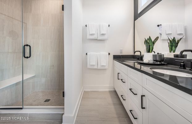 Bathroom, Dual Sink Vanities, Glass Shower, Interior, Wood Texture Flooring