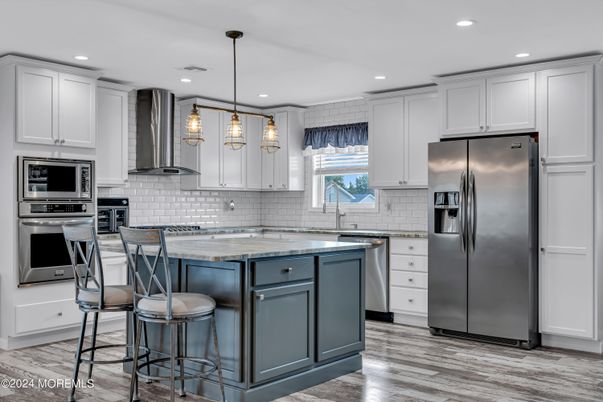 Interior, Kitchen, Pendant Lights, Recessed Lighting, Stainless Steel Appliances, Wood Texture Flooring