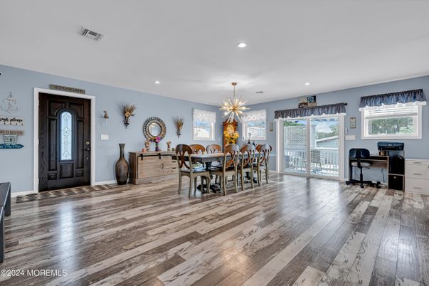 Dining room, Interior, Pendant Lights, Recessed Lighting, Wood Texture Flooring