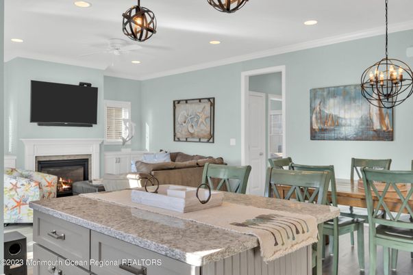 Chandelier, Dining room, Fireplace, Interior, Living room, Recessed Lighting