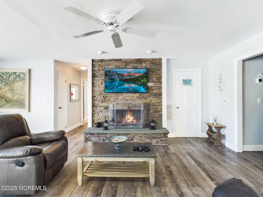Fireplace, Interior, Living room, Stone Walls, Wood Texture Flooring