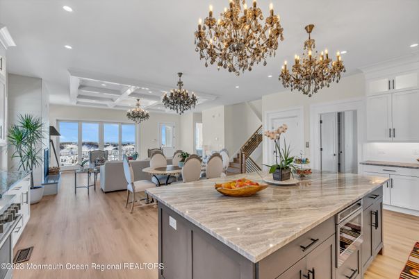 Chandelier, Dining room, Interior, Kitchen, Living room, Recessed Lighting, Wood Texture Flooring