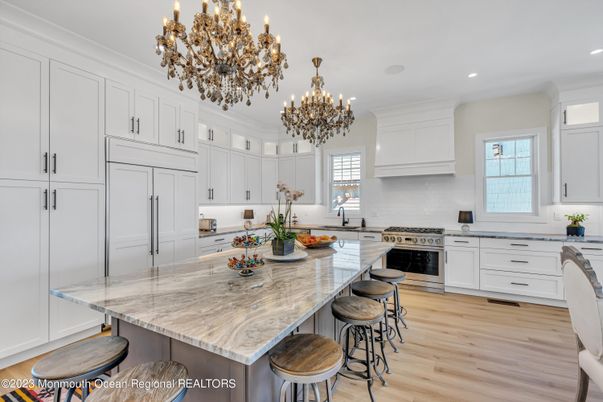 Chandelier, Interior, Kitchen, Recessed Lighting, Stainless Steel Appliances, Wood Texture Flooring