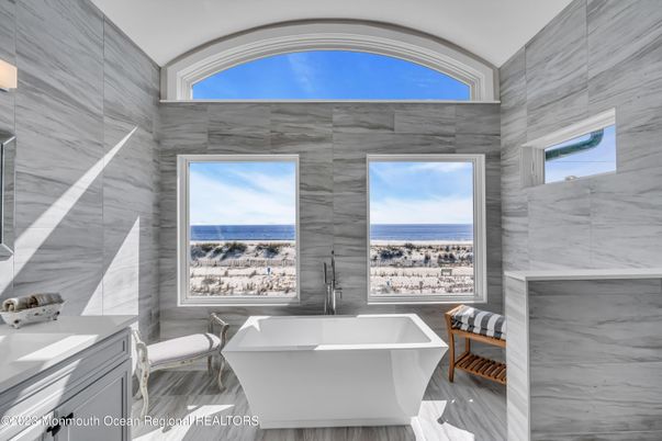 Bathroom, Free Standing Baths, Interior, Marble, Marble Walls, Water, Wood Texture Flooring
