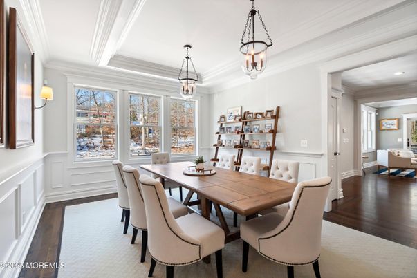 Dining room, Interior, Pendant Lights, Recessed Lighting, Wood Texture Flooring
