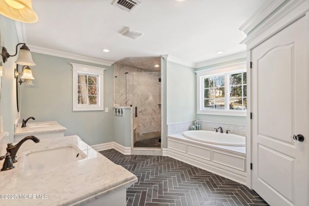 Bathroom, Glass Shower, Interior, Marble Walls, Recessed Lighting