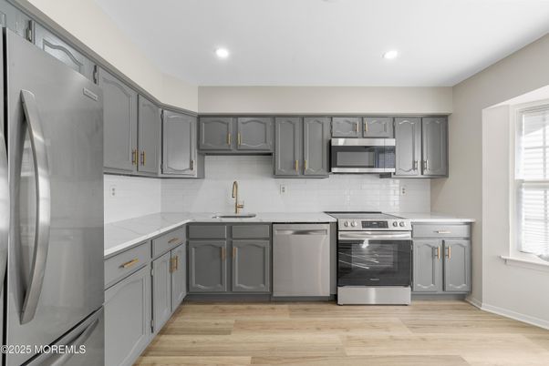 Interior, Kitchen, Recessed Lighting, Stainless Steel Appliances, Wood Texture Flooring