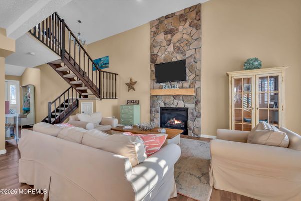 Fireplace, Interior, Living room, Stone Walls, Wood Texture Flooring