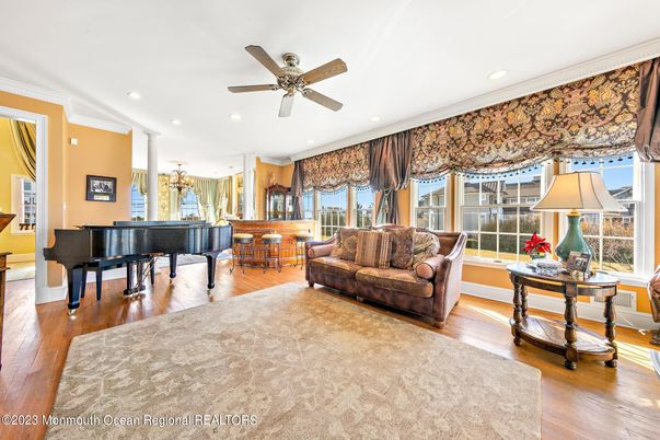 Interior, Living room, Piano, Recessed Lighting, Wood Texture Flooring
