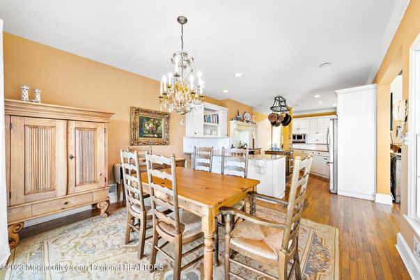Chandelier, Dining room, Interior, Kitchen, Recessed Lighting, Wood Texture Flooring