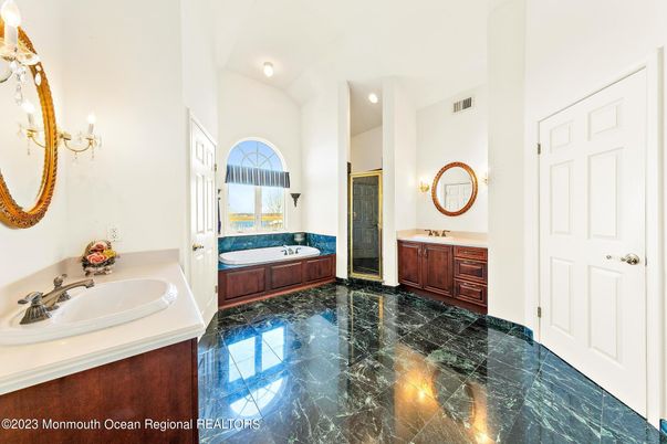 Bathroom, Dual Sink Vanities, Interior, Marble, Recessed Lighting