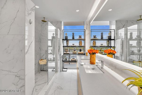 Bathroom, Glass Shower, Interior, Marble, Marble Walls, Recessed Lighting