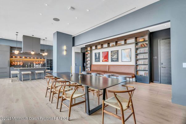 Dining room, Interior, Pendant Lights, Recessed Lighting, Wood Texture Flooring