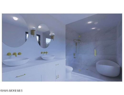 Bathroom, Dual Sink Vanities, Interior, Marble Walls, Recessed Lighting
