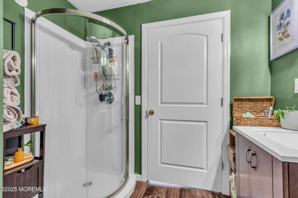 Bathroom, Glass Shower, Interior, Wood Texture Flooring