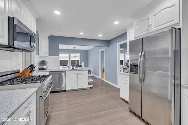 Interior, Kitchen, Recessed Lighting, Stainless Steel Appliances, Wood Texture Flooring
