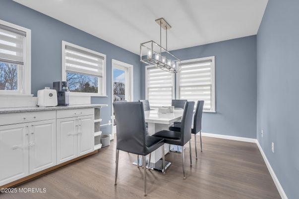 Dining room, Interior, Pendant Lights, Recessed Lighting, Wood Texture Flooring