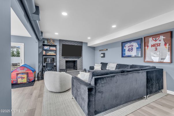 Fireplace, Interior, Living room, Recessed Lighting, Wood Texture Flooring