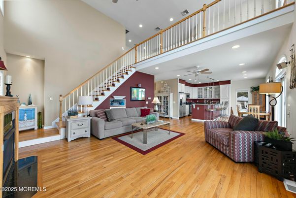 Fireplace, Interior, Kitchen, Living room, Pendant Lights, Recessed Lighting, Wood Texture Flooring