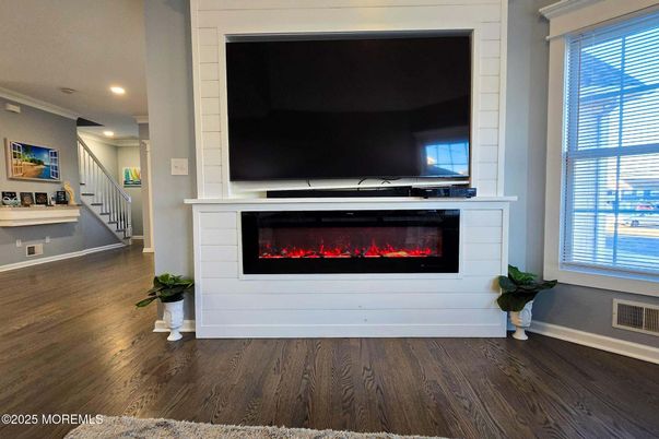 Fireplace, Interior, Recessed Lighting, Wood Texture Flooring