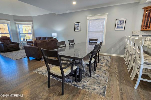 Dining room, Interior, Living room, Recessed Lighting, Wood Texture Flooring
