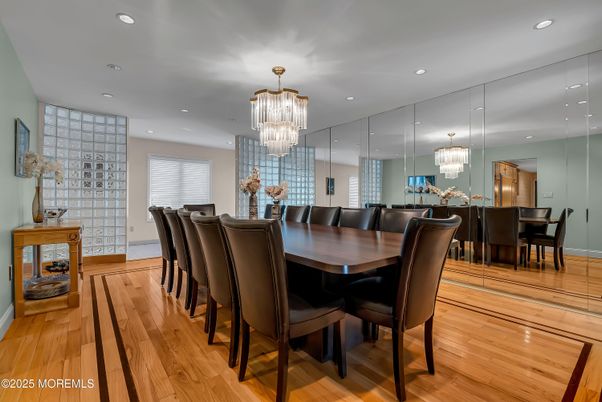 Chandelier, Dining room, Interior, Recessed Lighting, Wood Texture Flooring