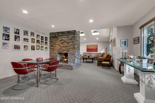 Dining room, Fireplace, Interior, Living room, Recessed Lighting, Stone Walls
