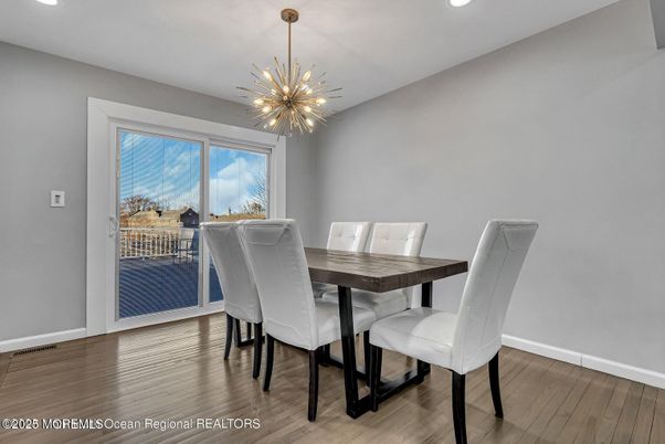 Dining room, Interior, Pendant Lights, Recessed Lighting, Wood Texture Flooring
