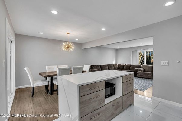 Dining room, Interior, Living room, Pendant Lights, Recessed Lighting, Wood Texture Flooring