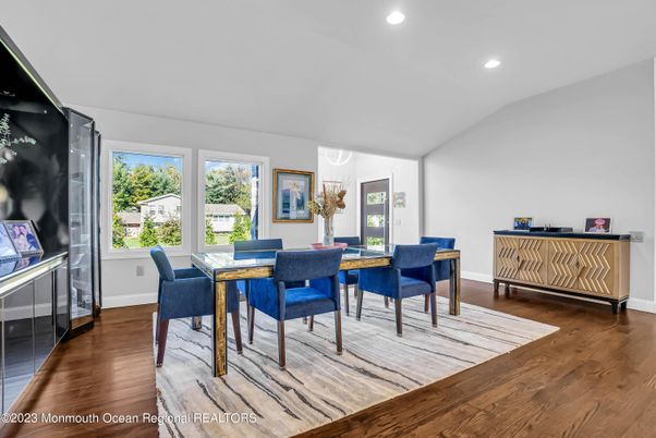 Dining room, Interior, Recessed Lighting, Wood Texture Flooring