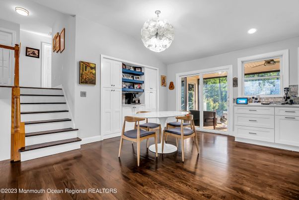 Dining room, Interior, Recessed Lighting, Wood Texture Flooring