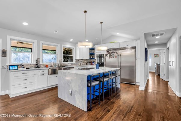 Interior, Kitchen, Pendant Lights, Recessed Lighting, Stainless Steel Appliances, Wood Texture Flooring