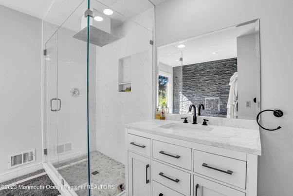 Bathroom, Dual Sink Vanities, Glass Shower, Interior, Recessed Lighting