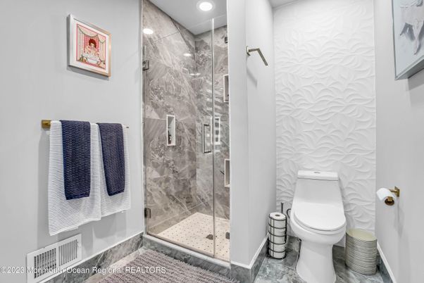 Bathroom, Glass Shower, Interior, Marble Walls, Recessed Lighting